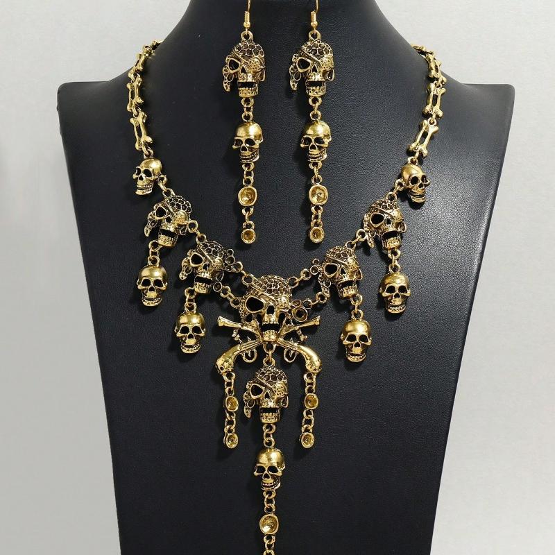 1pc Punk Retro Skull Necklace & 2pcs Earrings Halloween Party Exaggerated Jewelry Set for Women