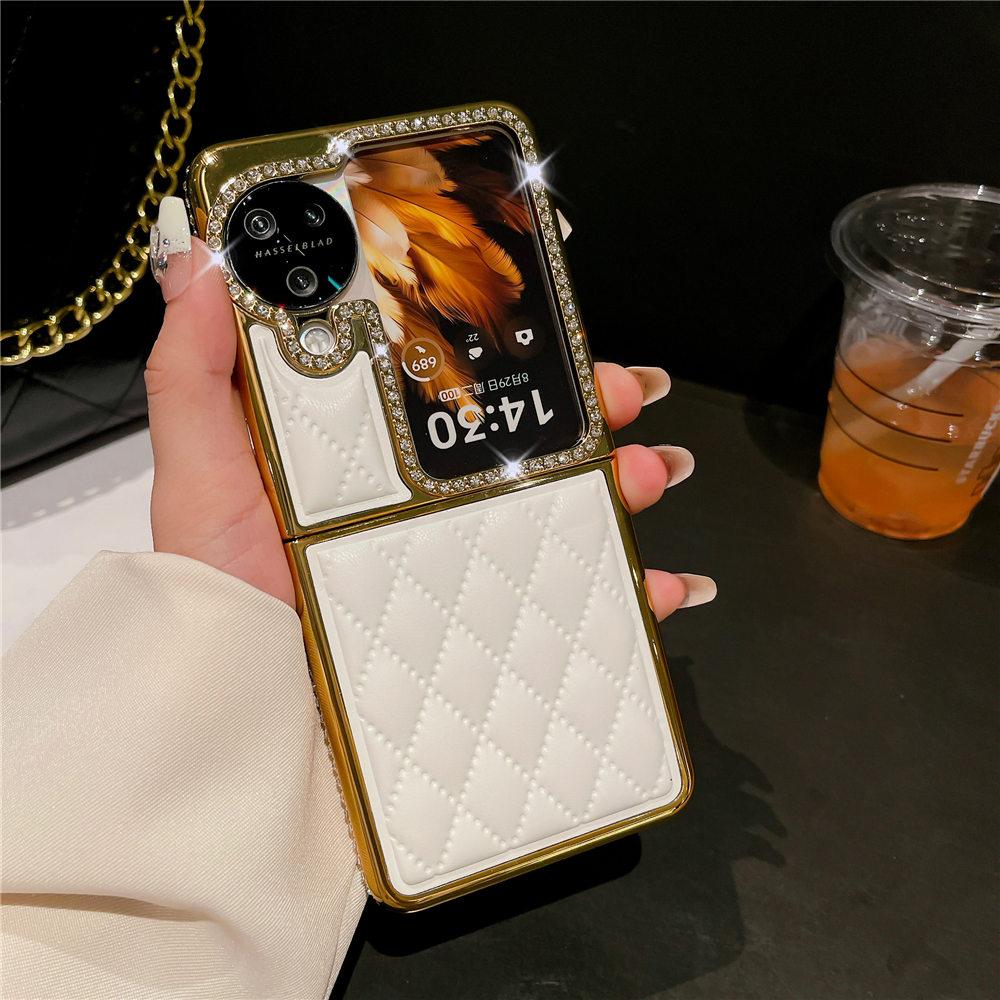 

N3 Flip Чехол Блинг Бриллиант Ромбовидная Кожа Золотое Гальваническое Покрытие Чехол Для OPPO Find N3 Flip Find N2 Flip Противоударный Чехол For Find N3 Flip белый