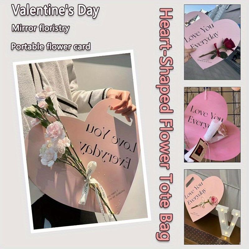 Handheld Flower Wrapping Box Heart Shaped Flower Tote Single Rose Bouquet Packaging Floral Boxes for Valentine's Day Mother's Day Wedding(Pink)