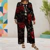 Women Plus Size Floral Printed Round Neck Long Sleeve Layered Top Wide Leg Pants Two Piece Set