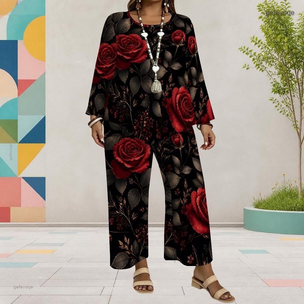 Women Plus Size Floral Printed Round Neck Long Sleeve Layered Top Wide Leg Pants Two Piece Set