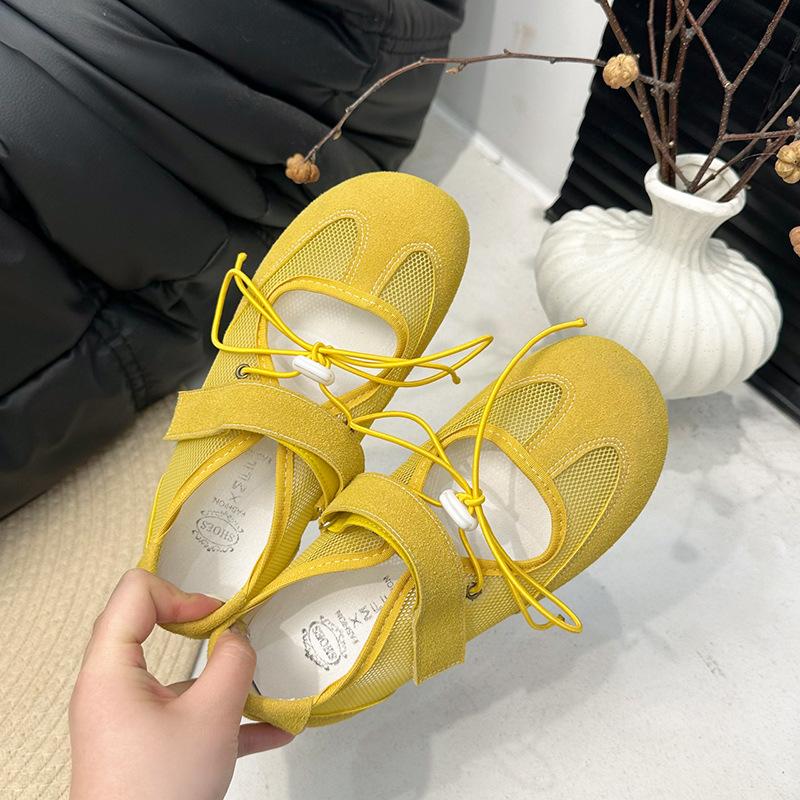 

Fashion, lightweight and breathable yellow light mouth flat-soled single shoes women s 2025 new summer soft-soled Velcro Mary Jane shoes 39 жёлтый