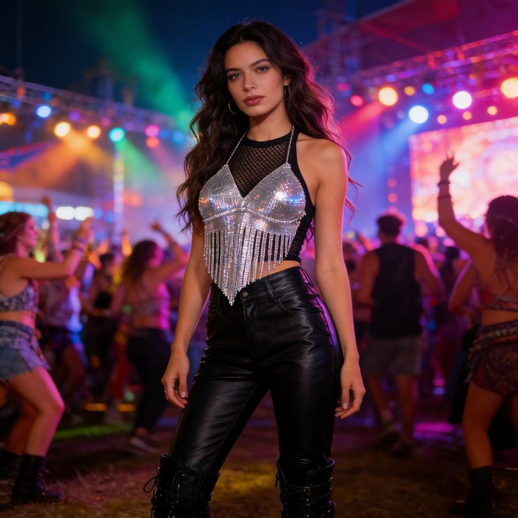 Top con frange metalliche e motivo geometrico per feste e festival per ragazze