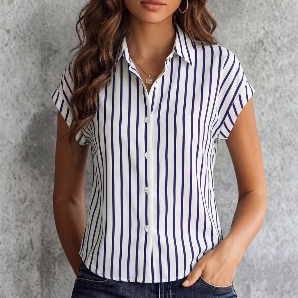 Womens Spring Tops Summer Shirts for Women Button Down Blouse Short Sleeve Striped Womens Summer Tops Dressy Casual