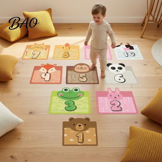 Number Hopscotch Rugs Lattice Floor Stickers, 1-10 Game Decals, Removable Indoor Hopping Tiles Cartoon Animals Wall Decals for Classroom School
