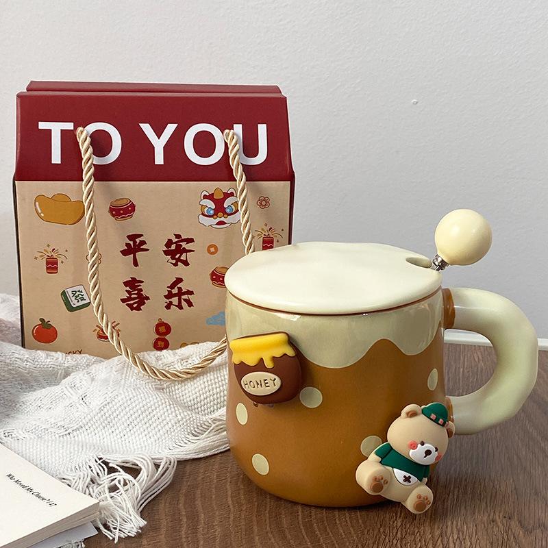 Creative magnetic bear mug cute ceramic mug with lid spoon Korean coffee cup large capacity drinking cup