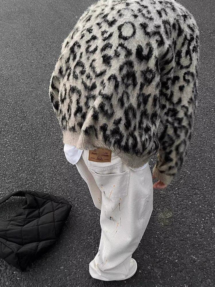 Unisex retro pletený svetr s leopardím vzorem: Hipster Cool Svetr s kulatým výstřihem a plyšovým mořským koníkem