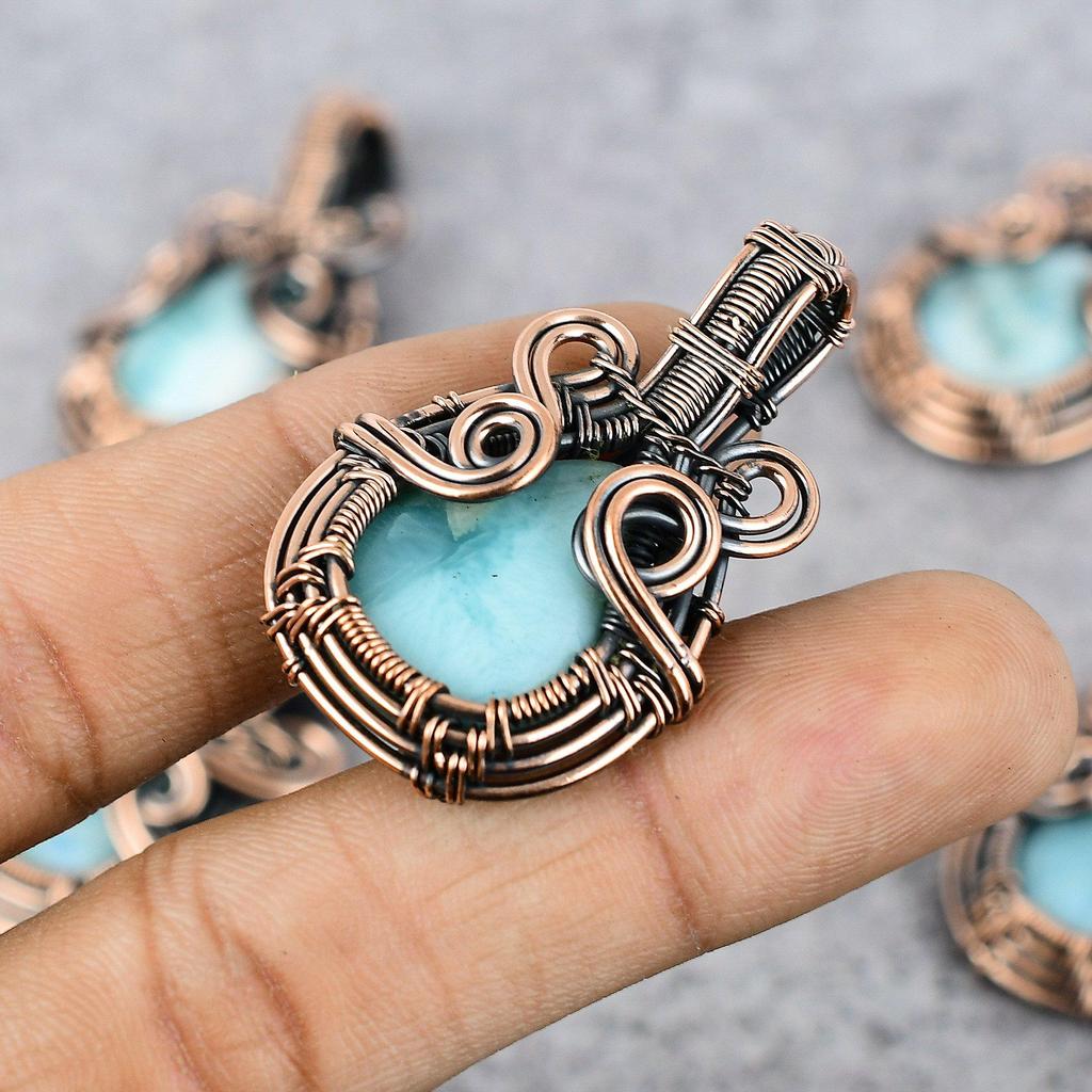 Larimar/Pectolite Gemstone Pure Copper Wire Wrap Ručně vyráběný šperkový přívěsek