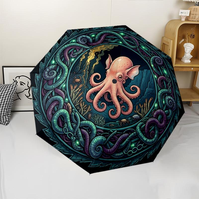 Oceanic Mystery Frame Pattern Umbrella, Portable and Foldable Design, 8 Ribs, a Casual Accessory for Halloween, Christmas, and Birthday Gifts.