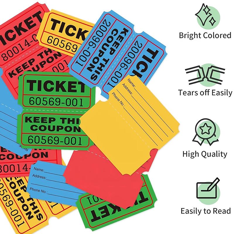 1000 Pezzi Biglietti Lotteria Colorati Strappabili Doppi Rotoli Biglietto d'Ingresso, Per Eventi, Gare, Premi in Classe, Carnevali