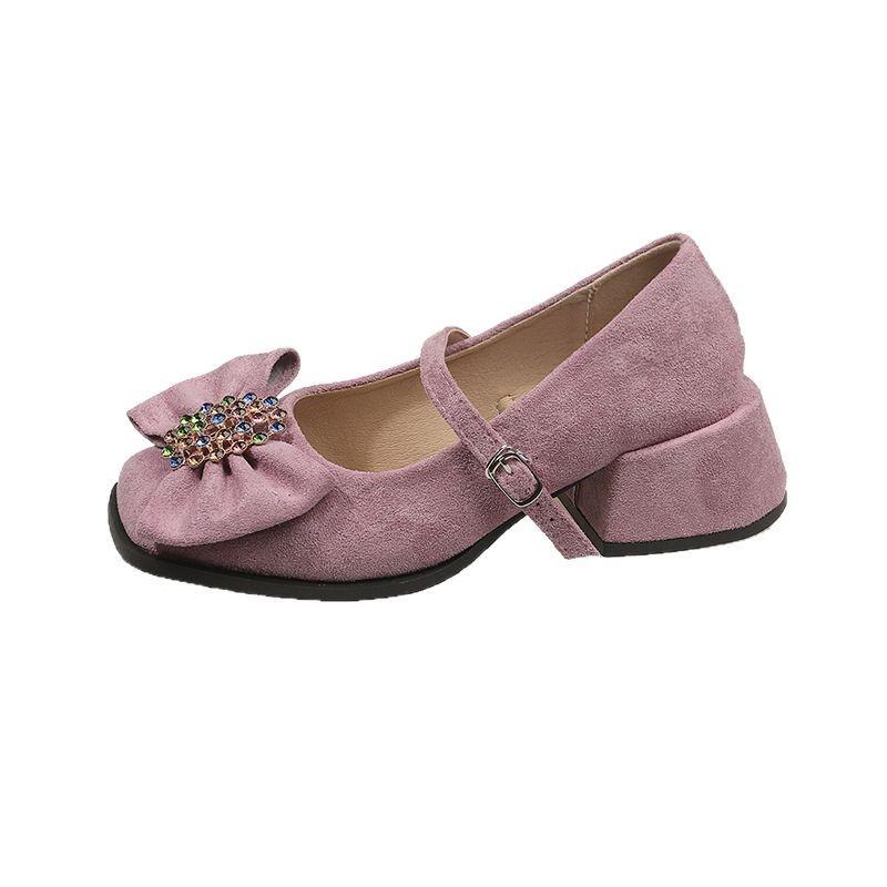 2025 Spring and Summer New Rhinestone Temperament Trendy Horseshoe Heel Square Head Fashionable Gentle Single Shoelace Lock