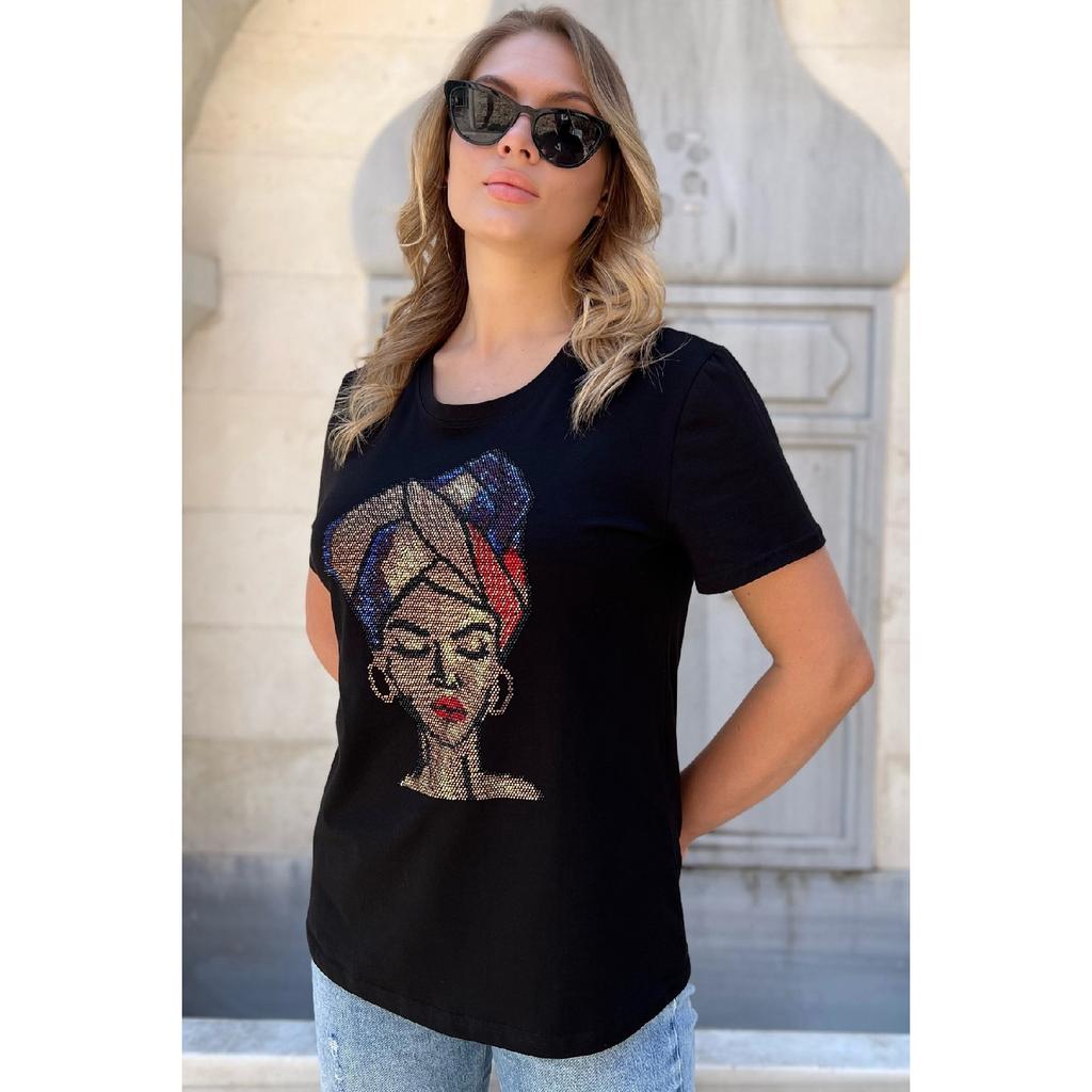 Crystal Stone 100% bumbac cu mânecă scurtă, cu gât, mărime mare, negru, tricou damă