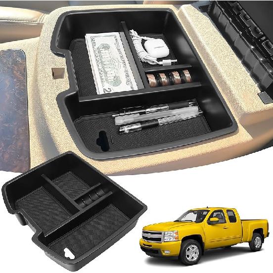 Center Console Organizer Tray Compatible With Chevy 2007-2013 Silverado 1500 Tahoe Suburban For GMC 2007-2013 Sierra 1500 Yukon Interior Accessories 2007-2013 Silverado Black