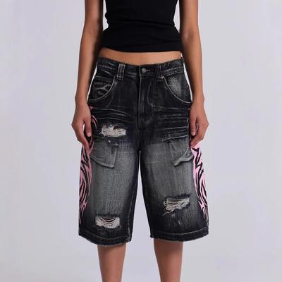 Jeans larghi con stampa vintage goth da donna Street Hip Hop Lavaggio vecchio Jeans a vita alta Abbigliamento da donna Pantaloni a gamba larga Pantaloncini di jeans