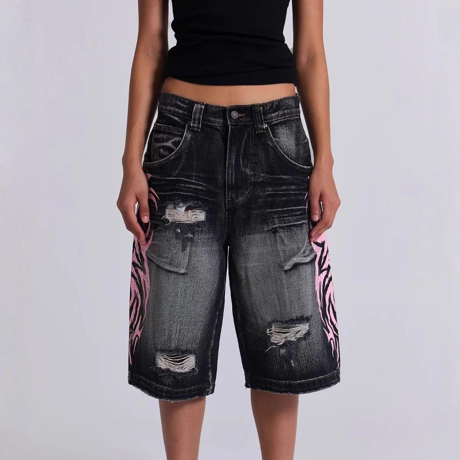 

Готические винтажные джинсы-багги с принтом, женские уличные хип-хоп джинсы с эффектом стирки и состаривания, с высокой посадкой, женская одежда, широкие брюки, джинсовые шорты XXL