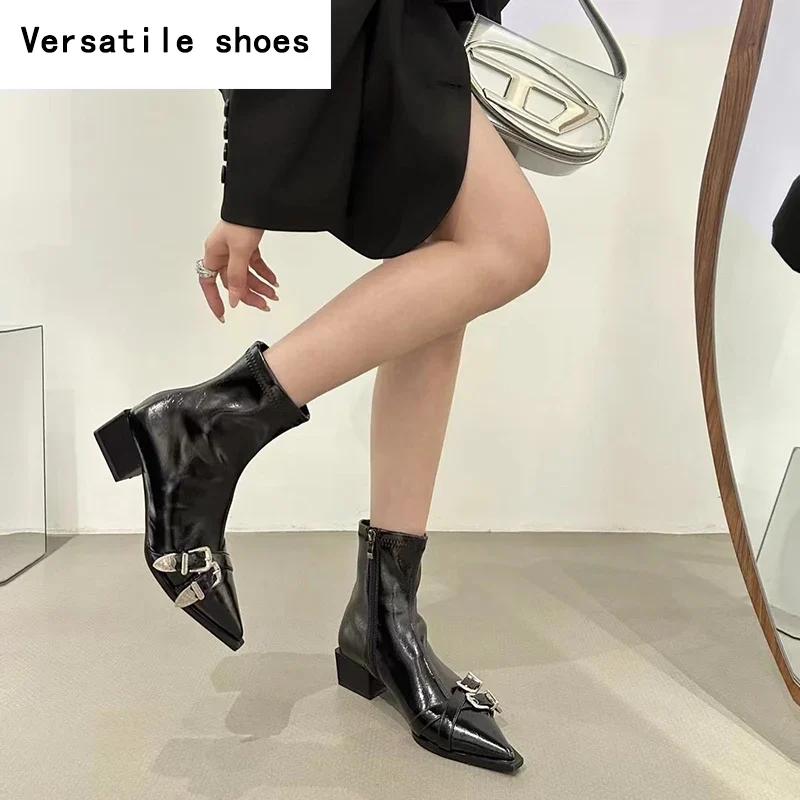 Winter Women's Ankle Boots Fashion Pointed Toe Short Botas Ladies Elegant Square Low Heel Metal Decoration Women's Footwear