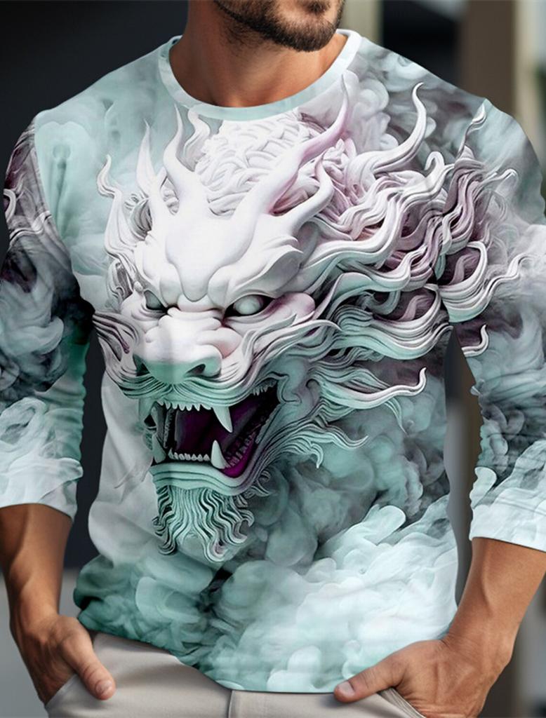 Dragon Pattern Casual Men's 3D Printed Outdoor Resort Burgundy Blue Green Long Sleeve Round Neck Spring Summer Clothing