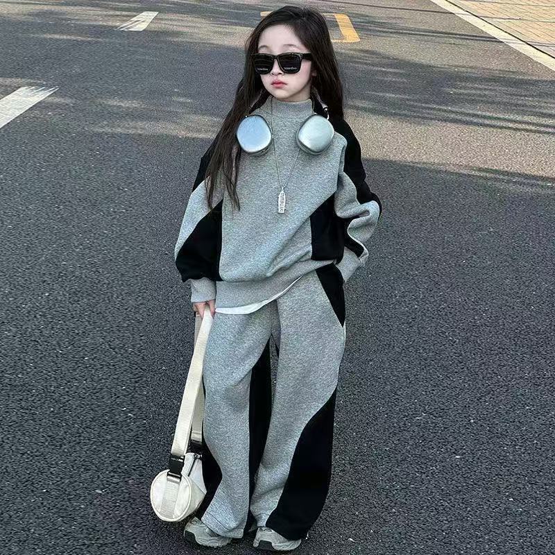 Autumn Winter Kid Girls Clothes Suit Child Patchwork Loose Sweatshirt T-shirt Top and Loose Pant Tracksuit