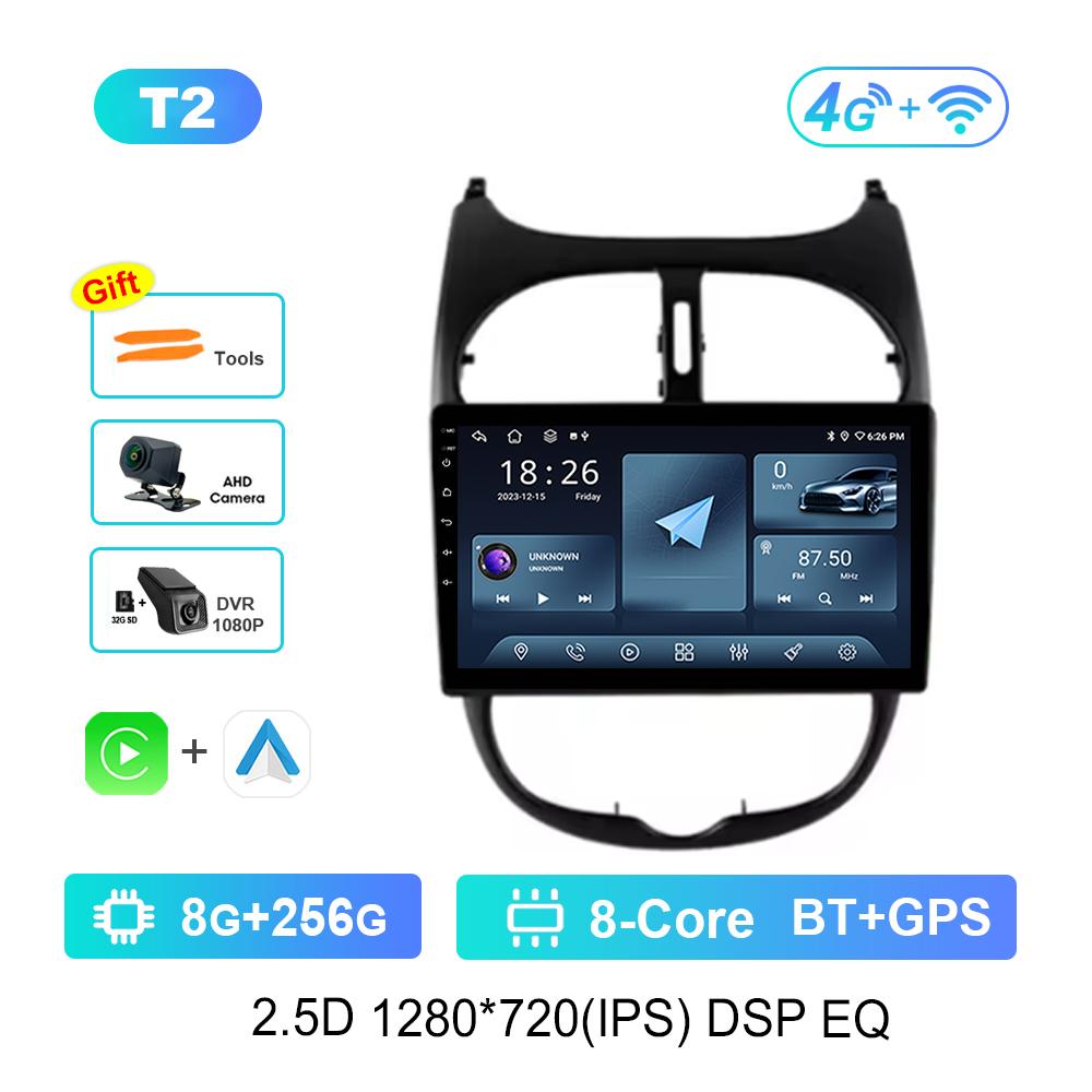 9 Inch Navigation GPS 4G Carplay for Peugeot 206 2001 - 2016 Android OS Car Video Multimedia Player BT QLED Touch Screen WiFi