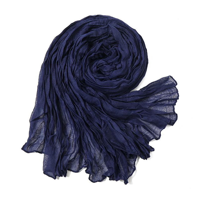Solid Color Crinkle Cotton Linen Scarf New Warm Silk Pleated Green Retro Thin Long Strip Shawl Men And Women'S