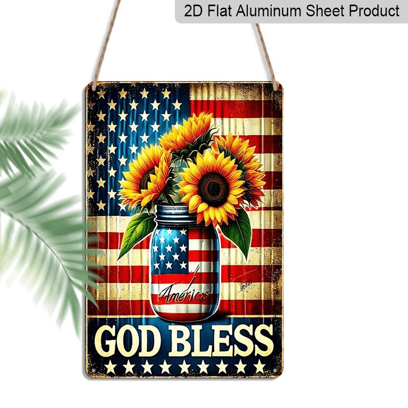 

2D Flat 1pc Vintage American Flag & Sunflowers Metal Wall Decor - Rustic Farmhouse Decoration with GOD BLESS Mason Jar - Distressed Vintage Look 20*30cm