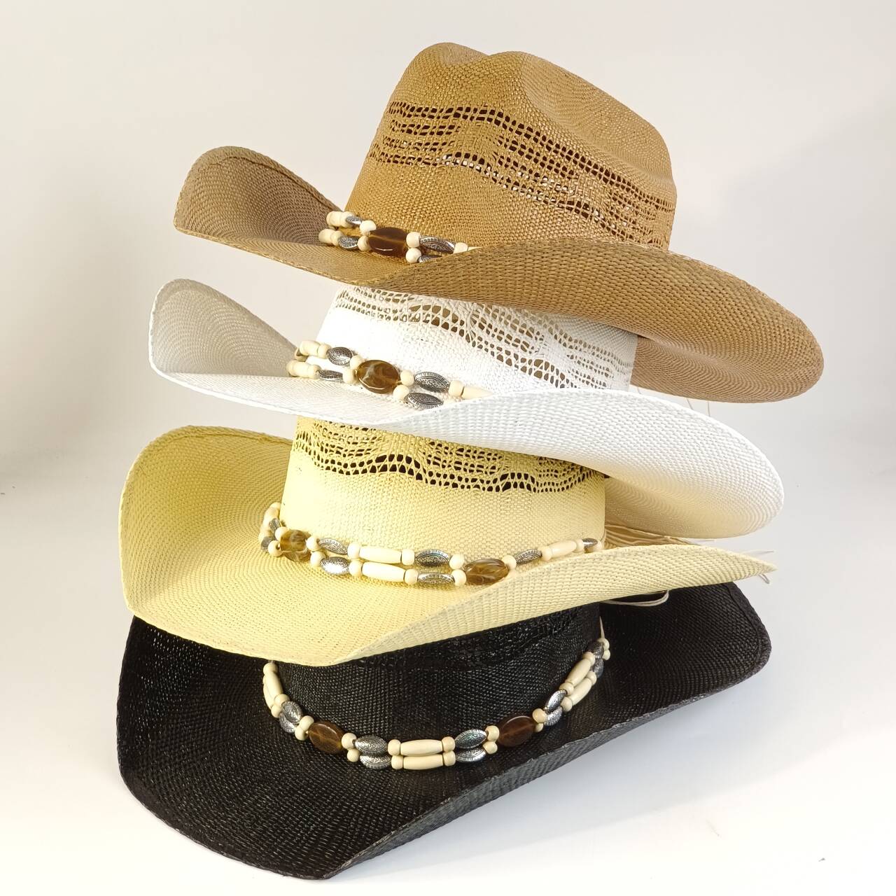 Freedom Outdoors Women's Black Straw Cowboy Hat With Beaded Strap, Unisex Wide-Brimmed Sun Hat, Summer Beach Cowboy Hat/Party Hat. 56-58Cm