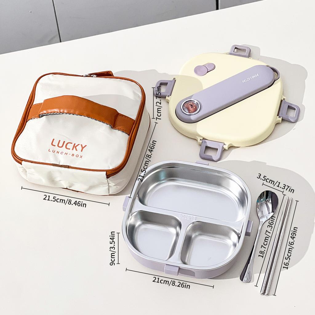 WORTHBUY Cute 304 Stainless Steel Divided Lunch Box With Cutlery Heatable Large Capacity Sealed Food Container Set For Student
