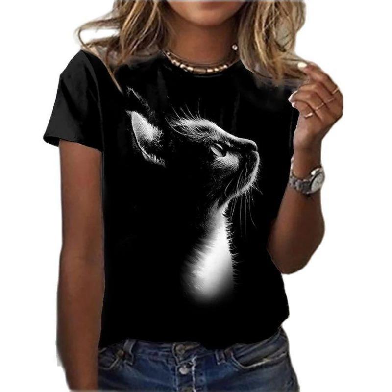 Fashion Woman T-shirt Women's 3d Cats Print Black Kawaii T Shirt Female Clothing Oversized Summer Top