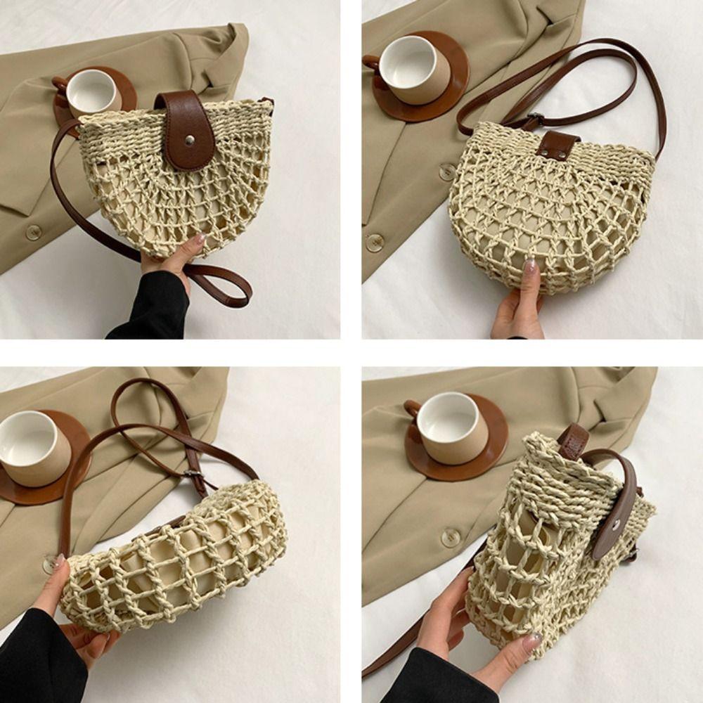 Hollowed Out Weave Straw Shoulder Bag Bohemian Beach Bag Semicircle Crossbody Bag  Messenger Bags