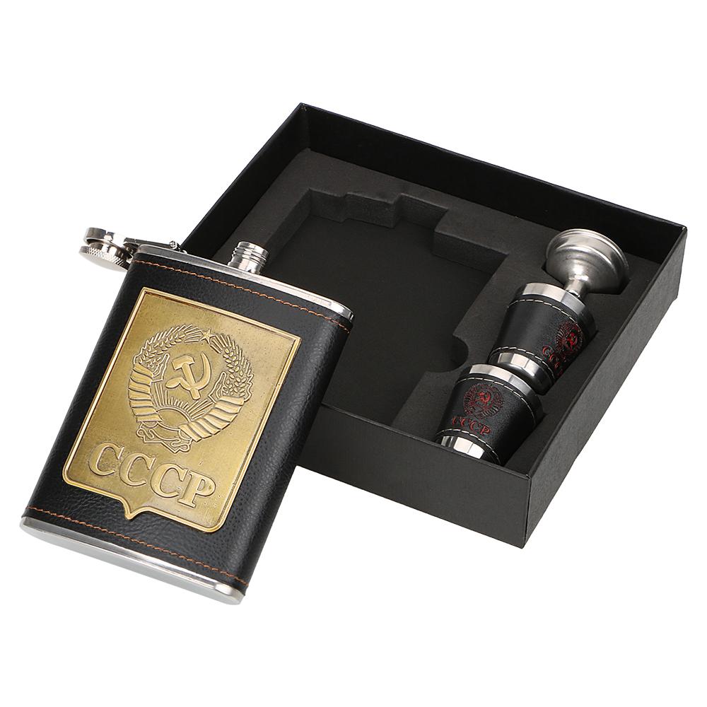 Whisky Vodka Bottle Kit Hip Flasks Drinkware 8oz Stainless Steel with Cups Funnel Anti Slip Portable CCCP Pattern Alcohol Wine Container