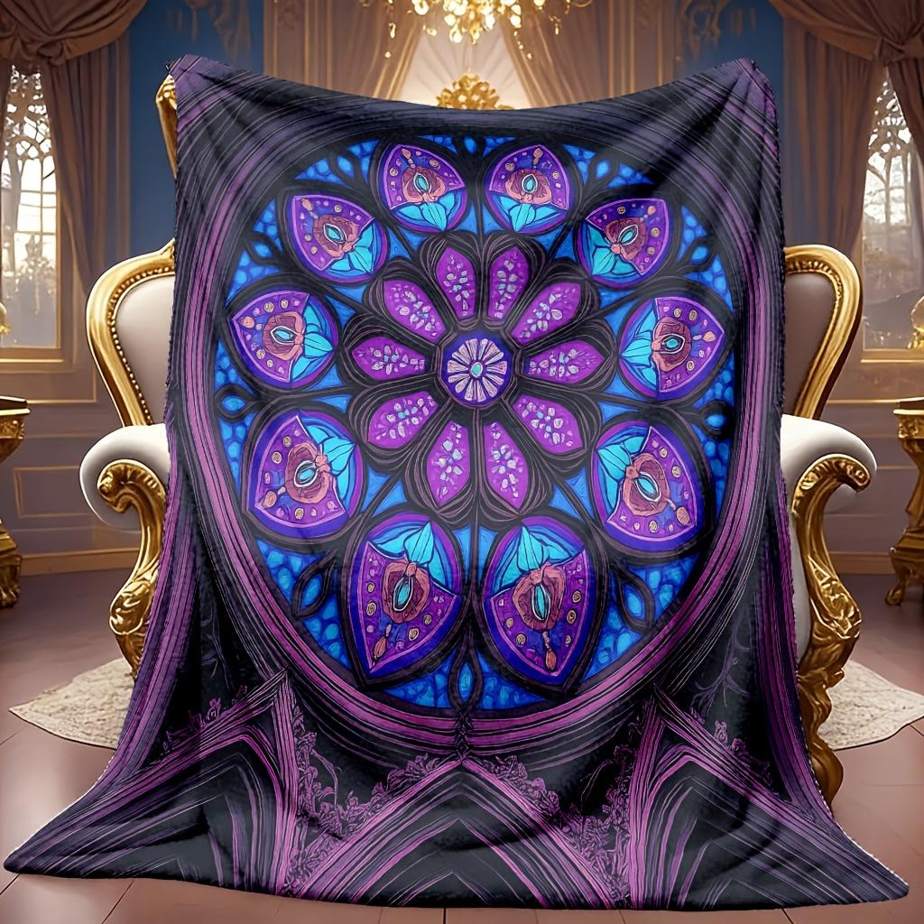 Comfortable Purple Blue Geometric Floral Pattern Blanket Soft High-Definition Digital Print Cooling Blanket All-Season Use Soft Breathable 100% Polyes