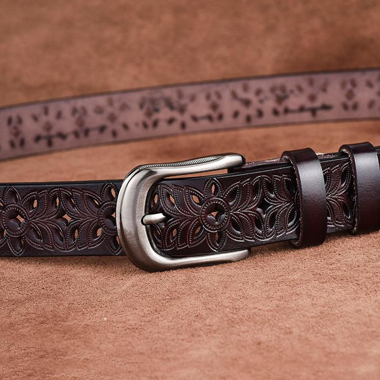 Women'S Hollow Belt Pin Buckle Yellow Cowhide Belt Casual Pinhole Belt