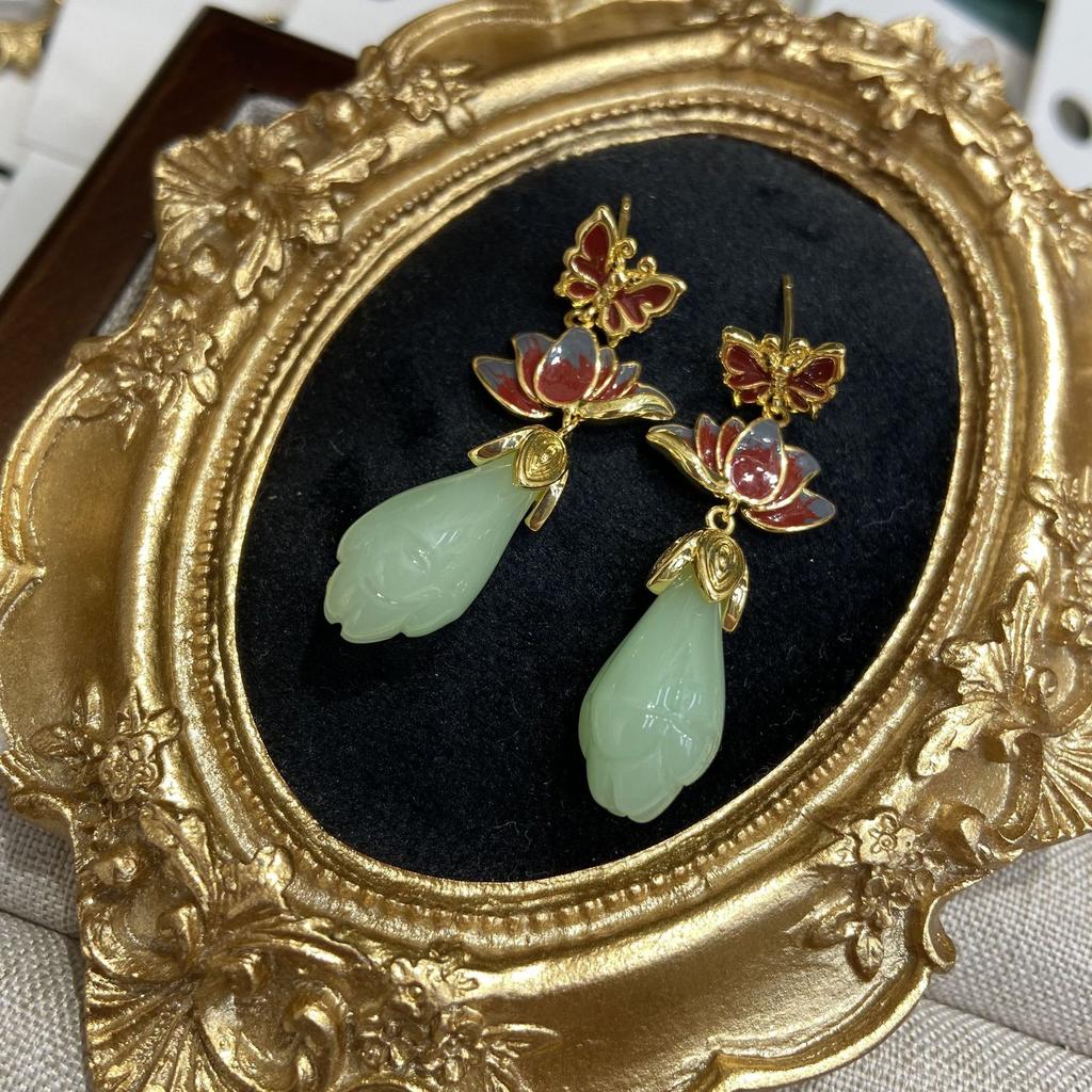 Aieryuan Guochao Copper-Plated Imitation Hetian Jade Enamel Drop Magnolia Flower Earrings, National Style Cheongsam And Ancient Style Earrings
