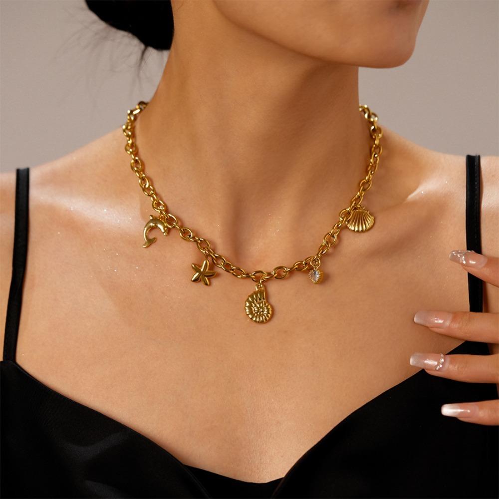 Turquoise Shell Starfish Necklace Titanium Steel Starfish Beach Earrings Women Daily