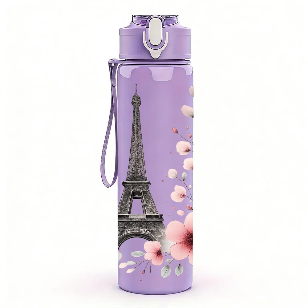 1PC Eiffel Tower Paris Floral 750ml Color Plastic Sports Water Bottle Leakproof Flip Straw Lid Suitable for Sports Office Home Use