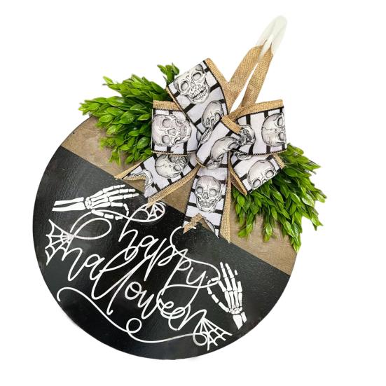 Halloween Skeleton Welcome Door Sign Artificial Leaves Bowknot Decor Indoor Outdoor Halloween Sign Family Gathering Decoration