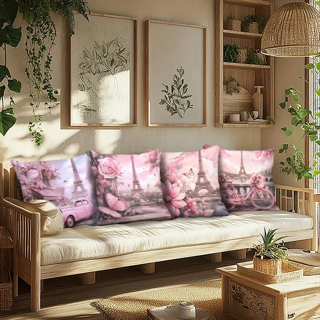 Blush Pink Paris Romantic Pillowcase - Eiffel Tower & Floral Car/Bike Print Pillow Cover for Sofa Bedroom Living Room