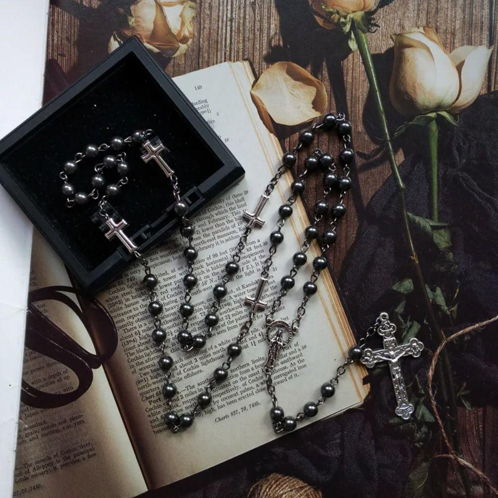 Long Cross Chain Vintage Crucifix Pendant Chain Black Gallstone Rosary Necklace  Women