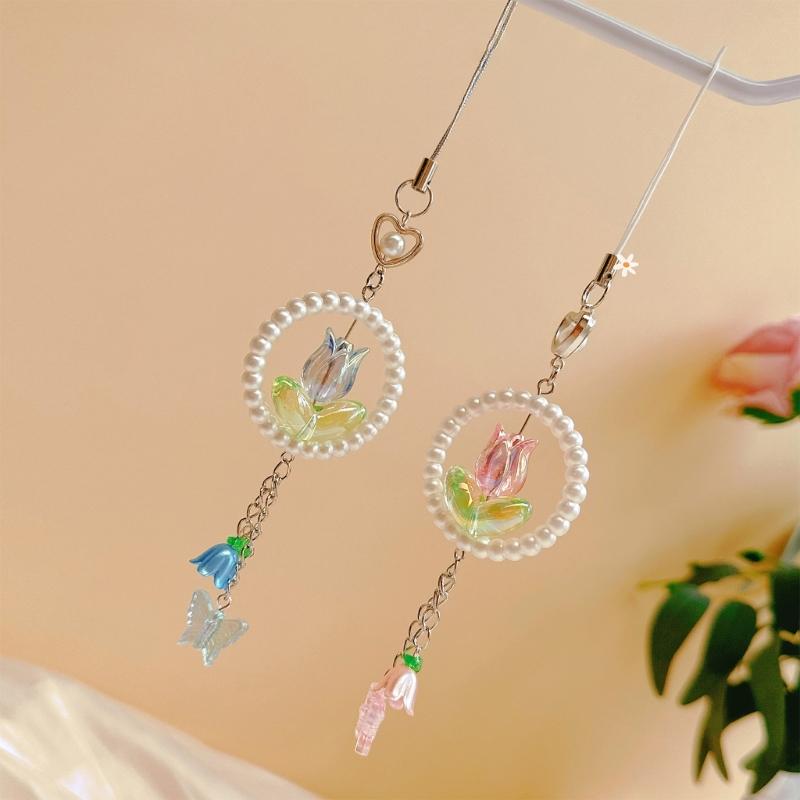 Elegancka Zawieszka do Telefonu Kwiat Motyl Koralikowy Brelok Akrylowy Dodatek do Telefonu Komórkowego Zawieszka do Torby Breloczek dla Modnych Kobiet