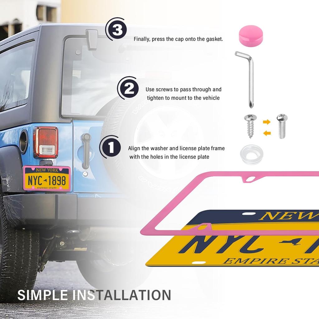 2PCS Colorful Car License Plate Frames With Gaskets Screws & Caps,Stainless Steel 4 Holes License Plate Holder Fits U.S. Standard,Universal Car