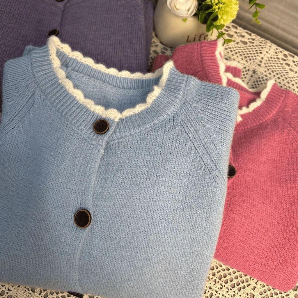 2025 Women's Chic Round Neck Lace Cardigan - Loose Knit, Fashionable and Age-Reducing