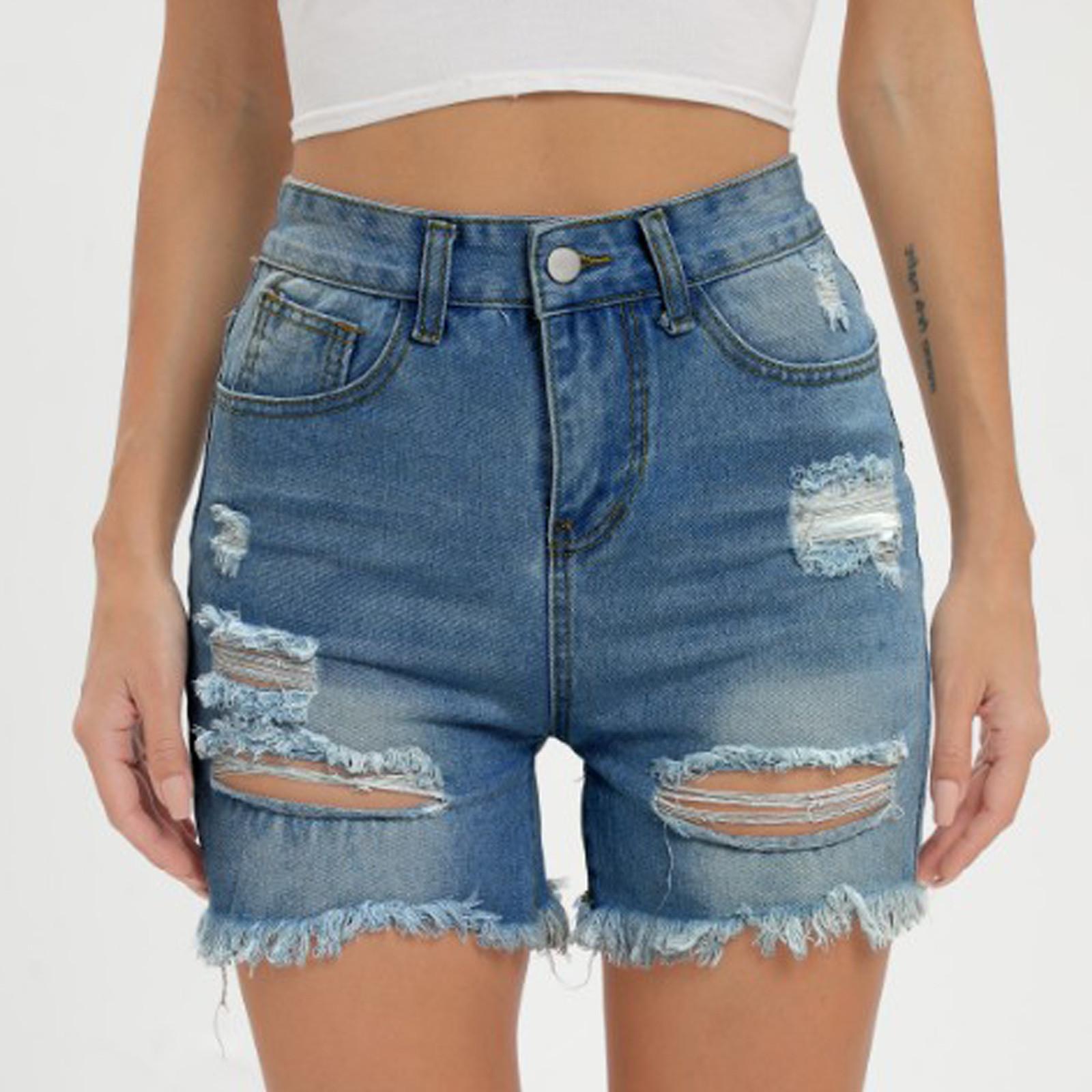 Women Casual Denim Shorts Mid Waist Stretch Band Pocket Ripped Fringe Denim Shorts XXL