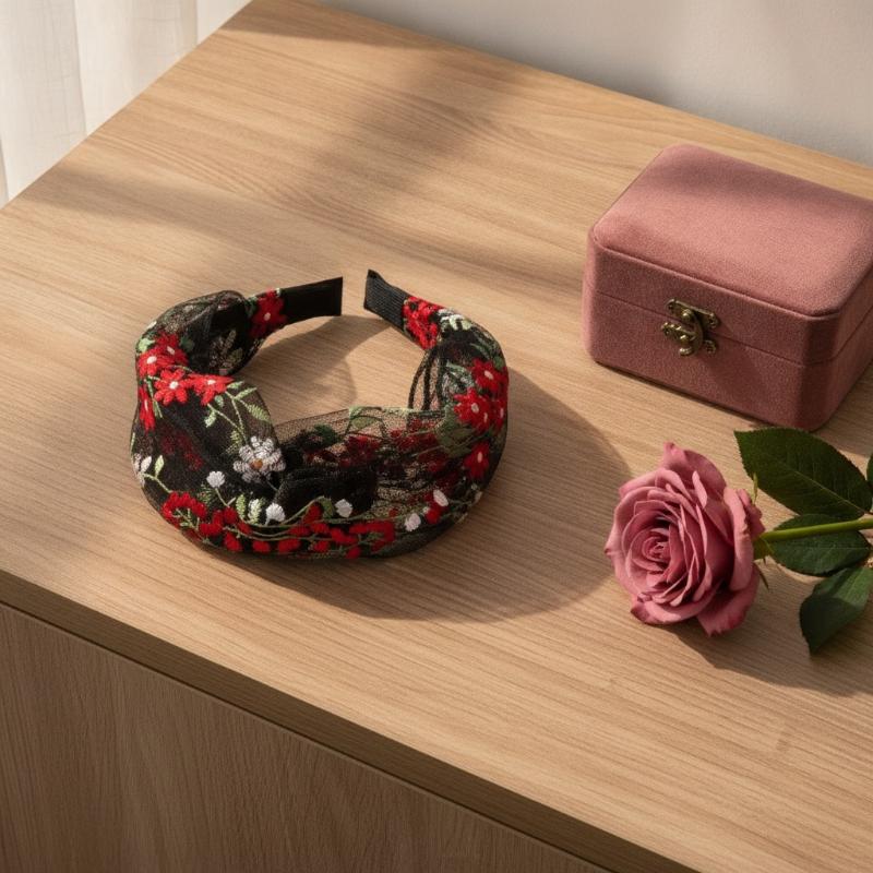 Embroidered Mesh Wide Headband Luxury Floral Embroidery Breathable Elegant for Women Banquet Cocktail Party Hair Accessory