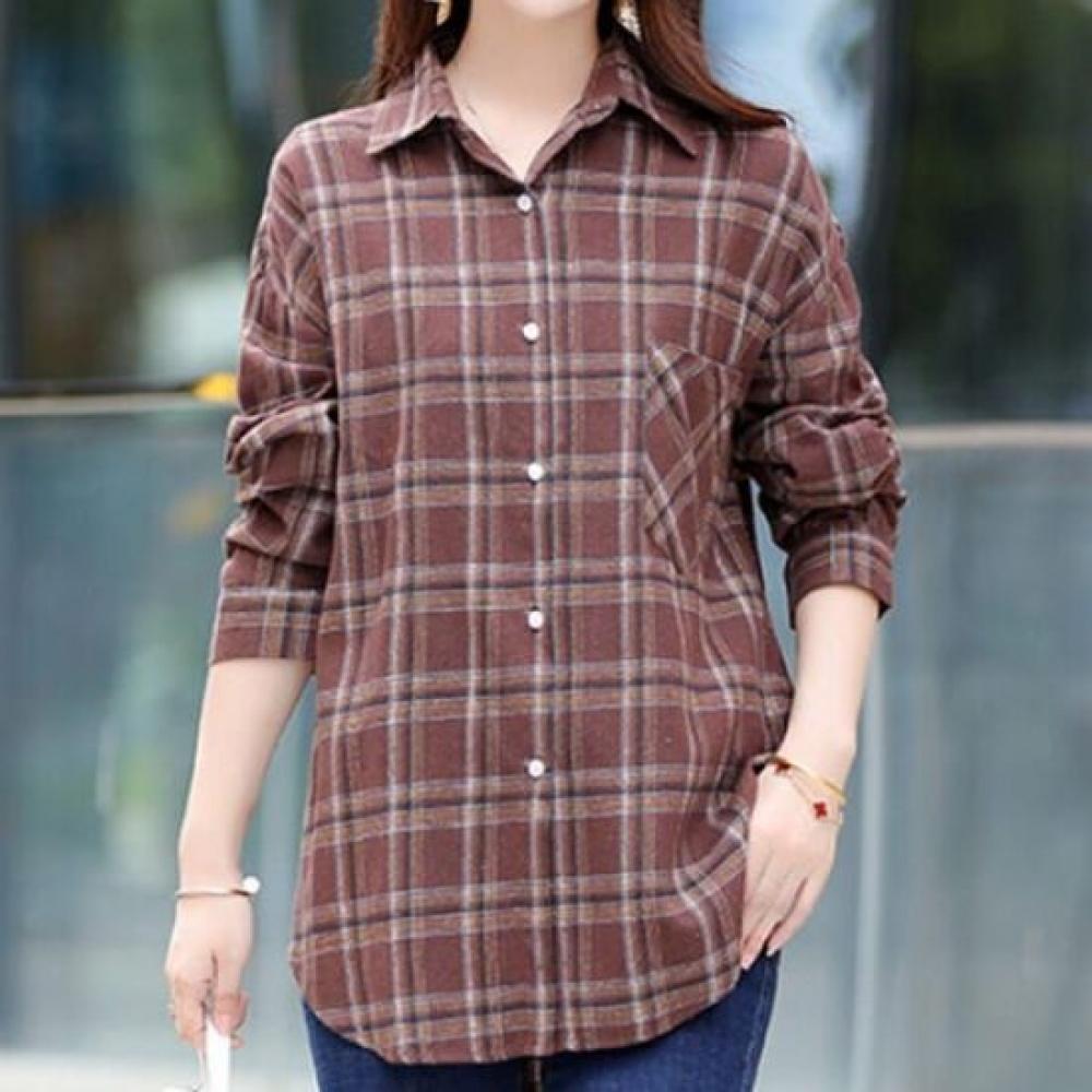 Navava Women Casual Loose Fit Check Long Sleeve Shirt Nb3002