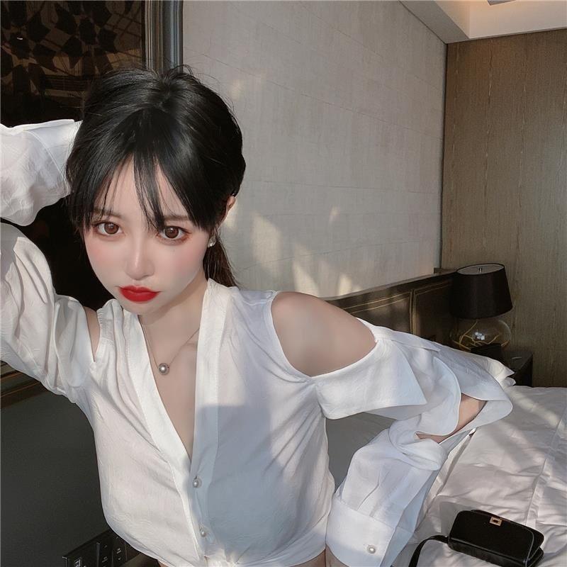 WTEMPO Off Shoulder Women Shirt Sexy V-neck Short French Style Chic Long Sleeve Shirt StreetWear Casual Top Blouse Women