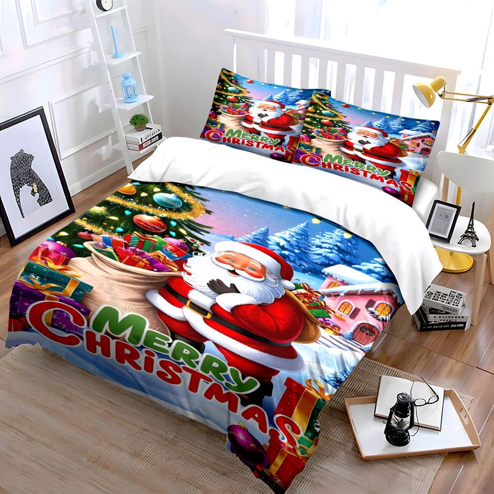 Santa Claus Merry Christmas Scene Bedding Duvet Cover Set Duvet Cover Pillowcases  (1*Duvet Cover 2*Pillowcases, Without Duvet Insert)