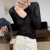Mesh Long Sleeve Women Black T-shirts Vintage Streetwear Casual Slim Up Solid Tops Bottoming Shirt