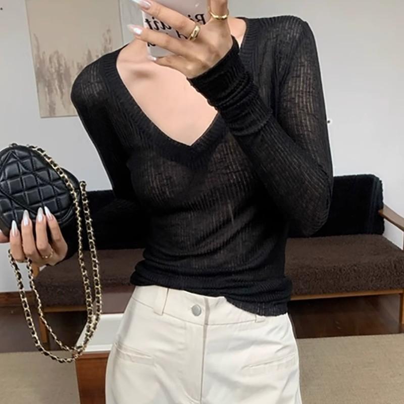 Mesh Long Sleeve Women Black T-shirts Vintage Streetwear Casual Slim Up Solid Tops Bottoming Shirt