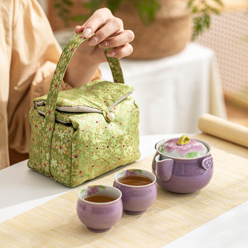 Hand painted purple peony kung fu tea set grass and wood ash underglaze color one pot two cups storage bag household ceramic travel set
