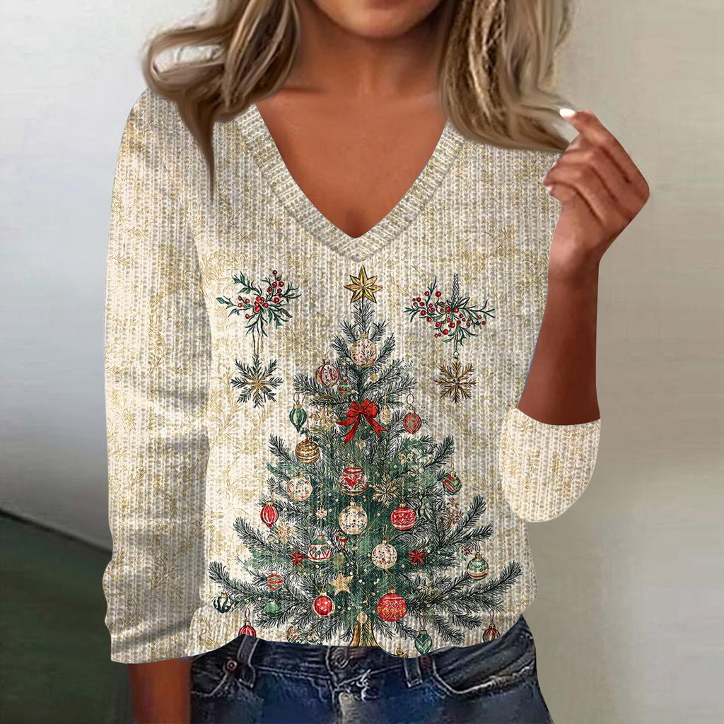 Women's Cute Sweatshirt Knitted Fashion Casual V-neck Long-sleeved Cozy Print Top